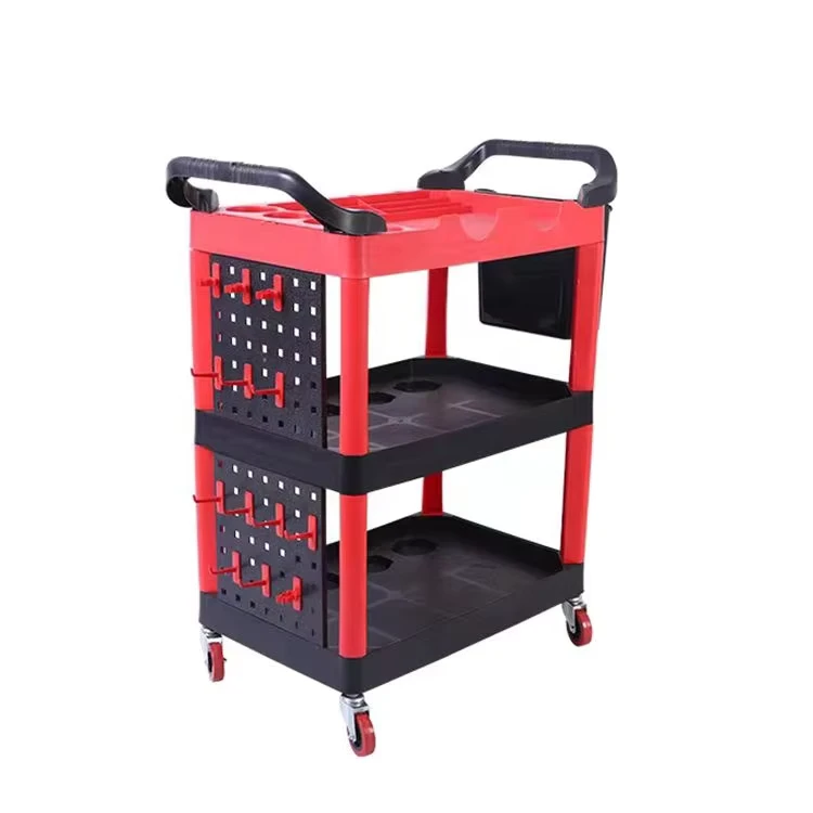 Thick PP Material Red Black 3 Shelf Tool Trolley Supermarket Tool Cart for Household Car Detailing