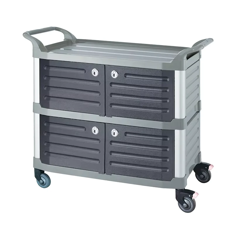 Thicken Plastic Service Cart Door 3 Tiers Utility Aluminum Uprights Grey Black Food Tea Delivery Cart for Hotels Restaurants