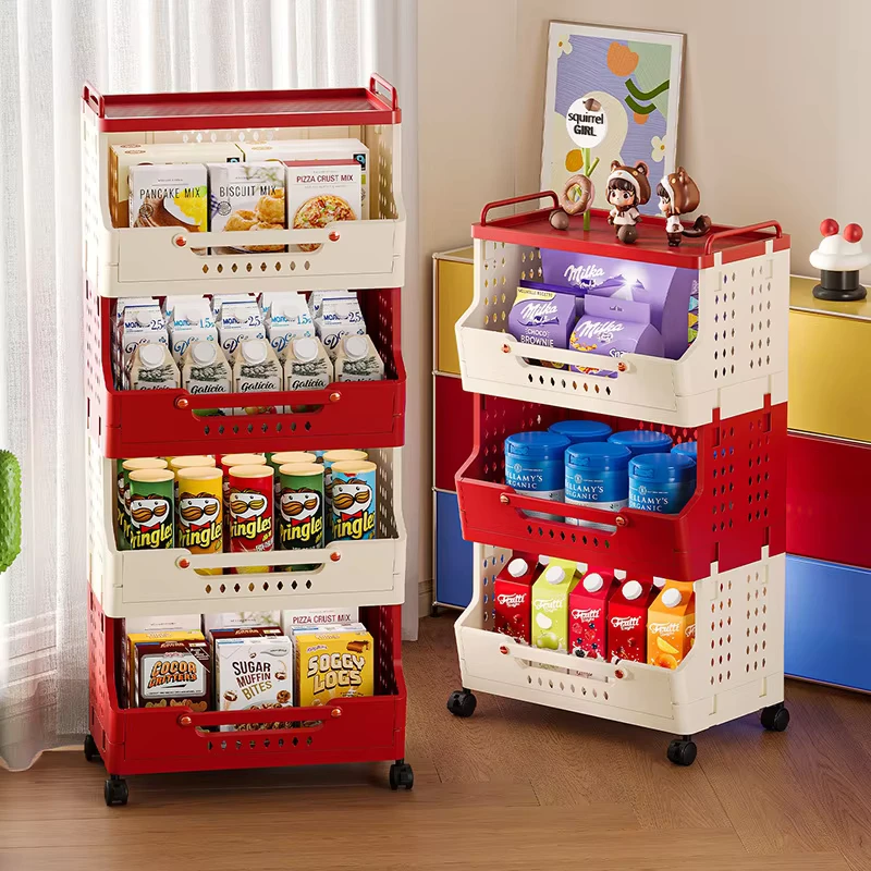 Thickened Floor Standing Cart Wheels PP Plastic Multi layer Large capacity Snack Storage Rack Foldable Easy Cleaning Modern
