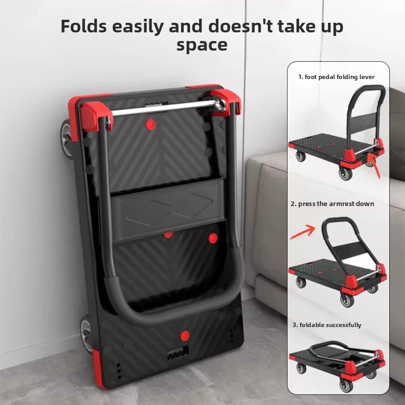 Thickened Handcart Plastic Board Small Trolley Portable Foldable Lightweight Trailer Household Express Flatbed Rubber 5 Inch