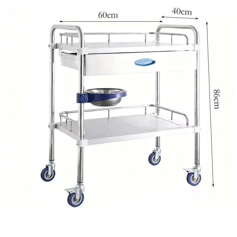 Thickened Stainless Steel Medical & Beauty Salon Treatment Trolley with Enlarged Drawer Mobile Storage 2 Shelves 4 Castors