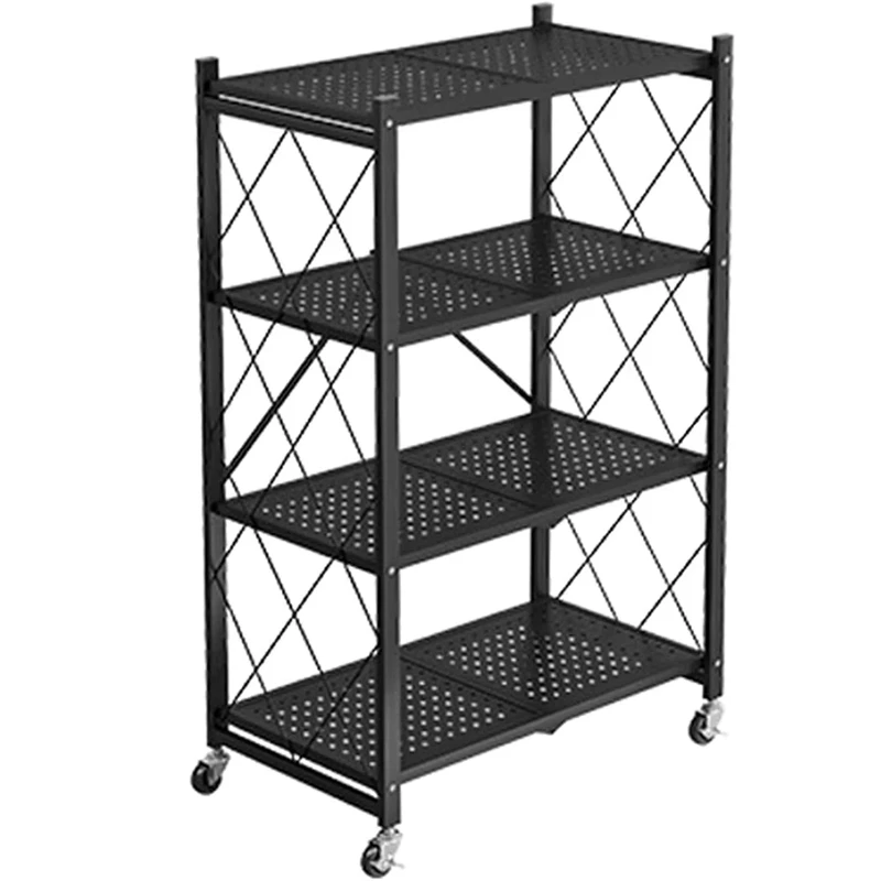 Three Five Layers Black White Iron Carbon Steel Rust Proof Collapsible Folding Rolling Cart Storage Shelf Kitchen Modern