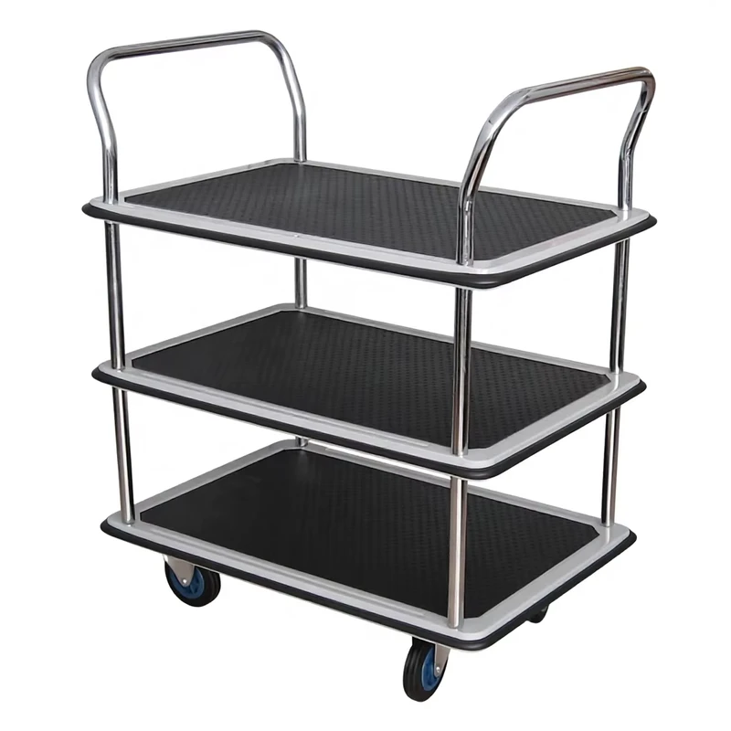 Three Tier Four-Wheel Durable Service Trolley Platform Handtruck Pushcart Steel Frame Load 150kg Service Cart