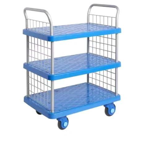 Three Tier Trolley with Mesh Ends 660lb Load Capacity Plastic Platform Dolly Cart with Fully Silent Wheels