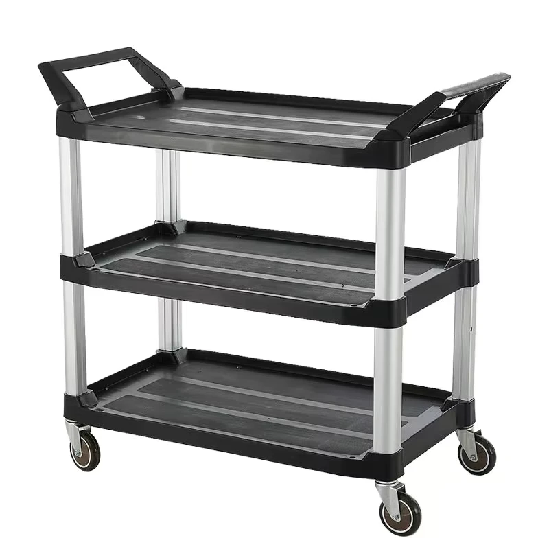 Three Tiers Plastic Hand Rack Tray Service Trolley Restaurant Kitchen Dining Service Food Cart with Wheels
