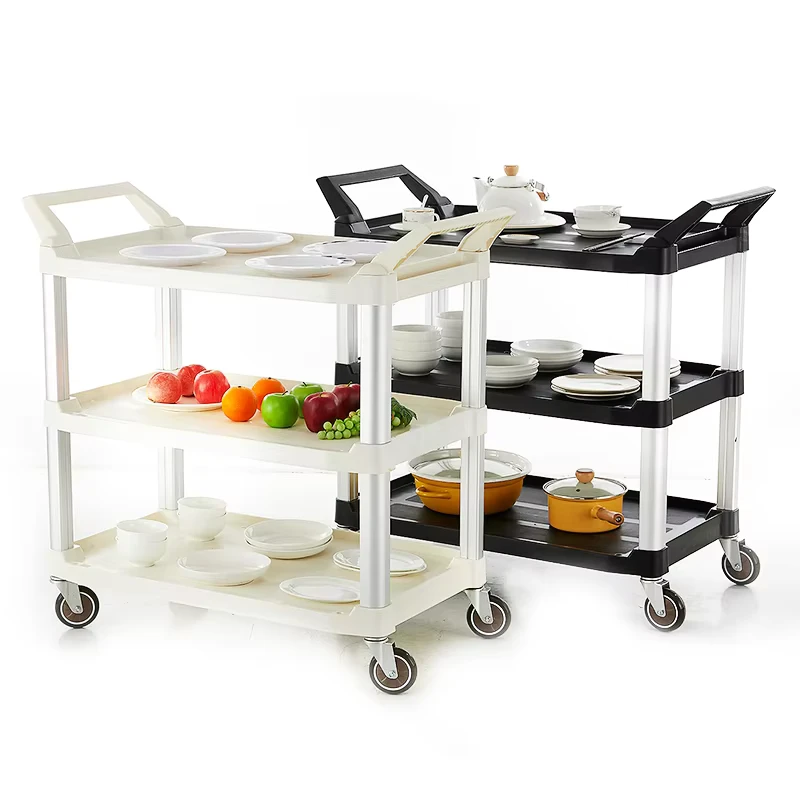 Three Tiers Plastic Hand Rack Tray Service Trolley Restaurant Kitchen Dining Service Food Cart with Wheels
