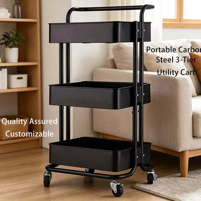 Tier Black Metal Rolling Storage Cart Utility Trolley with Wheels for Kitchen Bathroom
