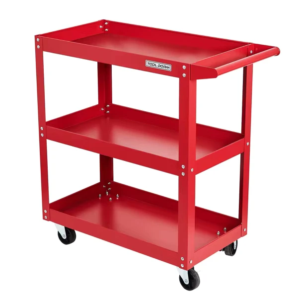 Tool Dorm Utility Service Cart 3 Shelf 200LBS Heavy Duty Steel Rolling Utility Cart Medium Lipped Shelf 360 Swivel Wheels US EU