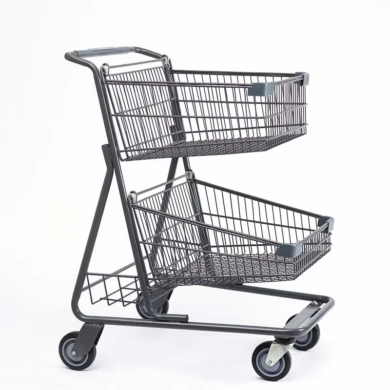 Two Baskets Shopping Trolley Cart with Wheels with 5” PU Wheels
