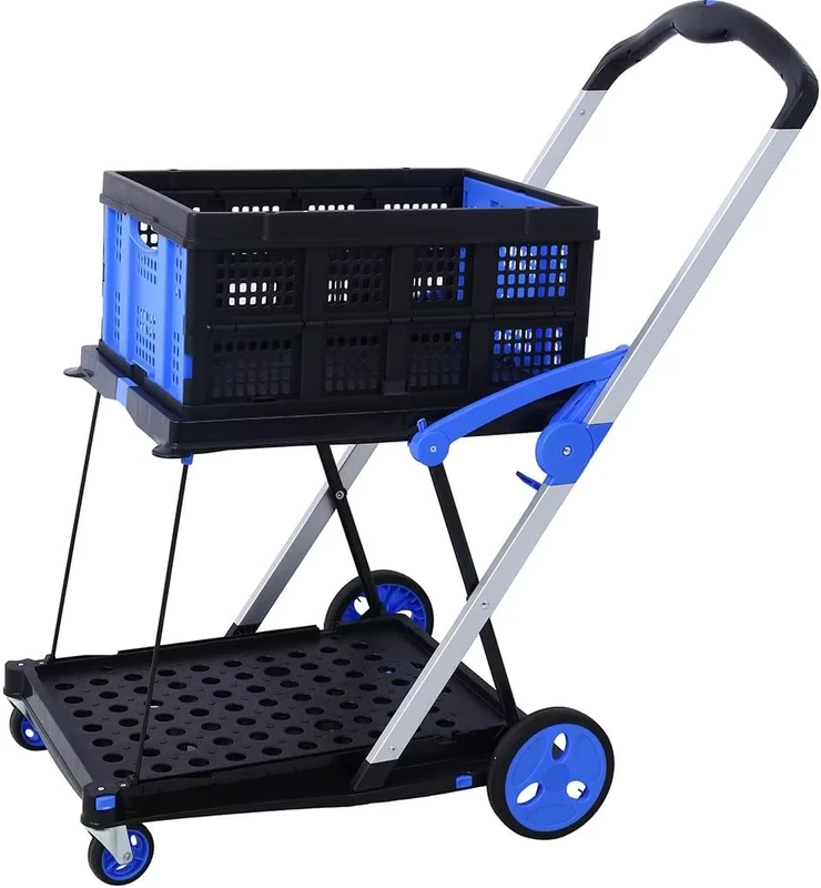 Two Layer Blue 4 Wheel Foldable Shopping Cart Multi Use Functional Storage Warehouse Supermarket Cart