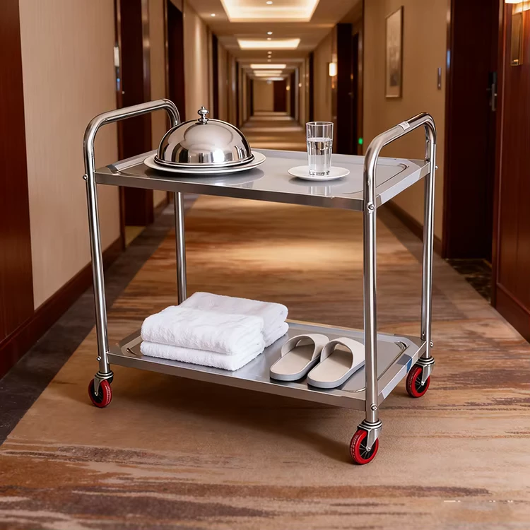 Two-Layer Stainless Steel 201/304 Eco-friendly Customized Size Silvery Commercial Kitchen Serving Trolley Hand