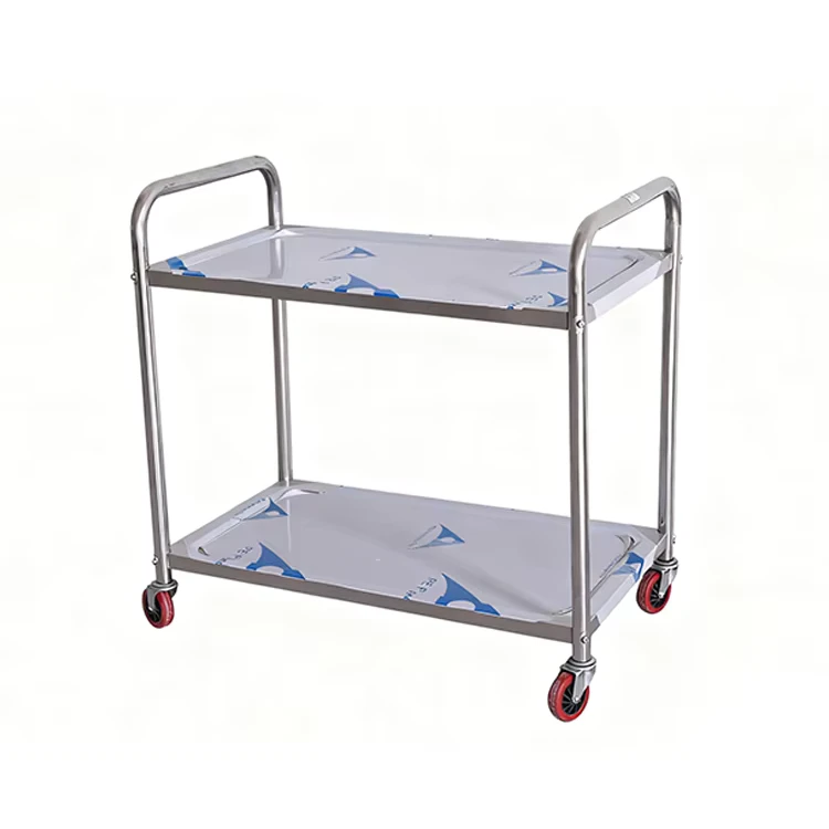 Two Layer Stainless Steel Eco friendly Customized Size Commercial Kitchen Serving Trolley Hand Pushing Cart Hanxing Silvery