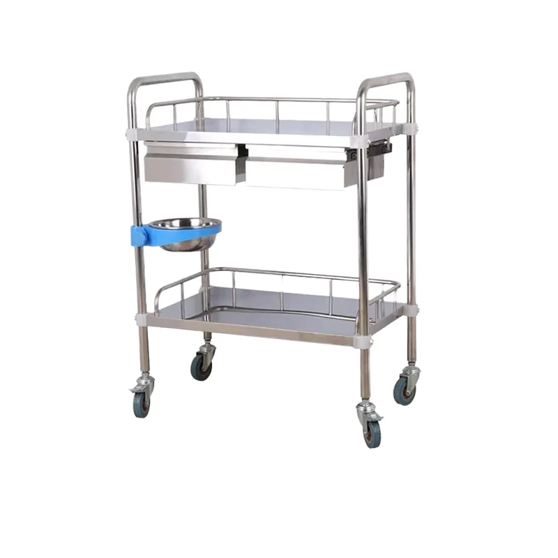 Two Layer Three Layer Stainless Steel Hospital Medical Trolley with 4 Silent Medical Castors Silver