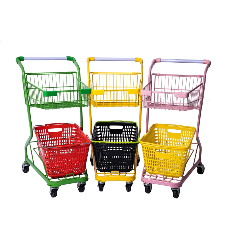 Two Layers Metal Shopping Trolley Carts Double Layers Basket Trolley Colored Basket Cart Picking Trolley