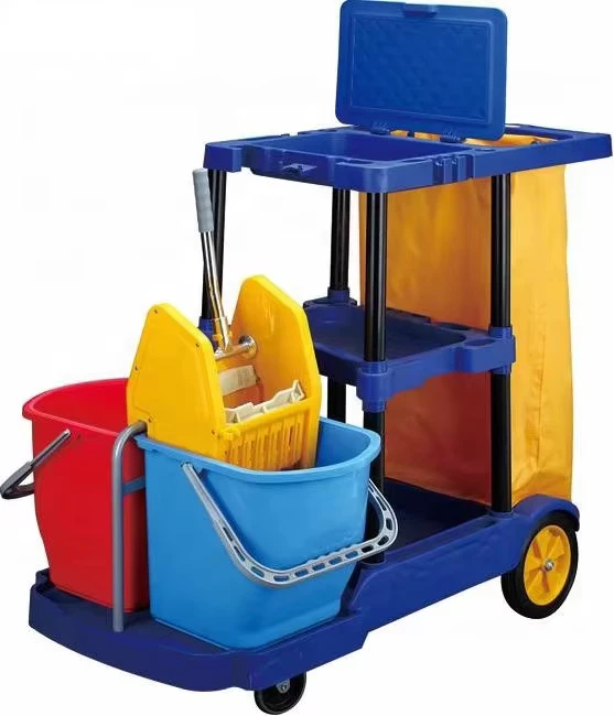 UP 068A Blue PP Plastic Janitor Cart Cleaning Trolley Multipurpose 150 lb Capacity 4 Wheel
