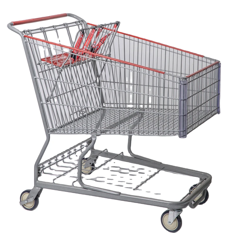 US Large Size Metal Shopping Cart Trolley with PU Wheels Grey Unfolding Design for Supermarket Use