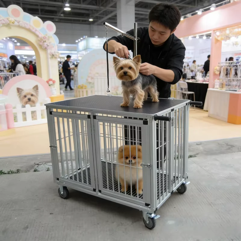 USMILEPET Foldable Aluminum Pet Transport Trolley Pet Show Trolley Pet Exhibition Cage Trolley with Grooming Table for Cats Dogs