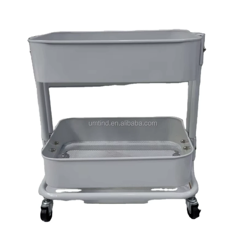 Universal 2 Tier White Storage Basket Trolley Household Organizing Rack with Light Duty Castors Metal Display Stand