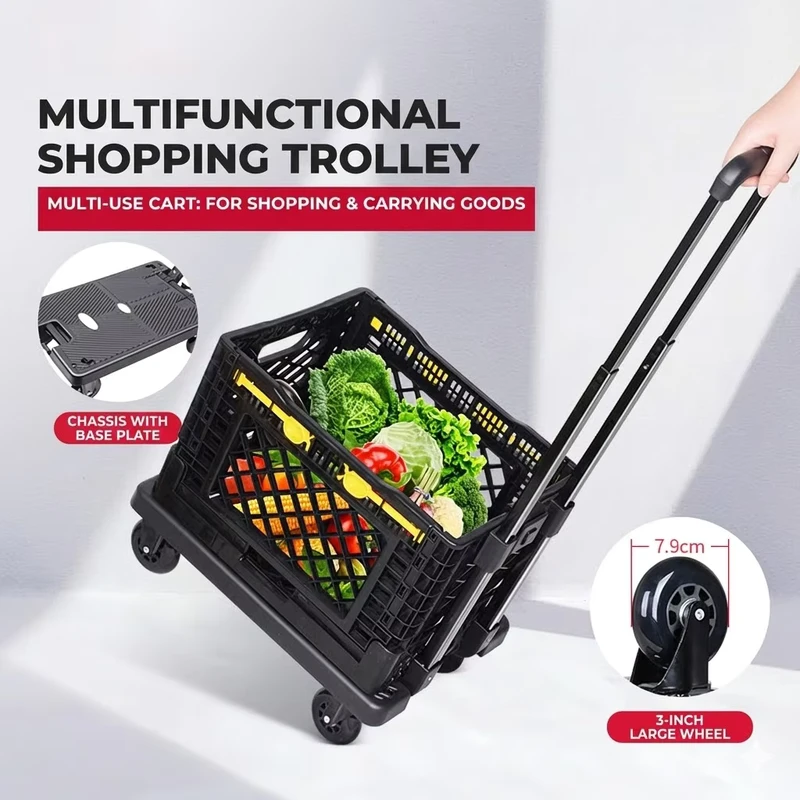 Universal Wheel Shopping Cart Foldable Hand Truck with Plastic Basket for Home Market Vendor Needs High Quality Shopping Trolley