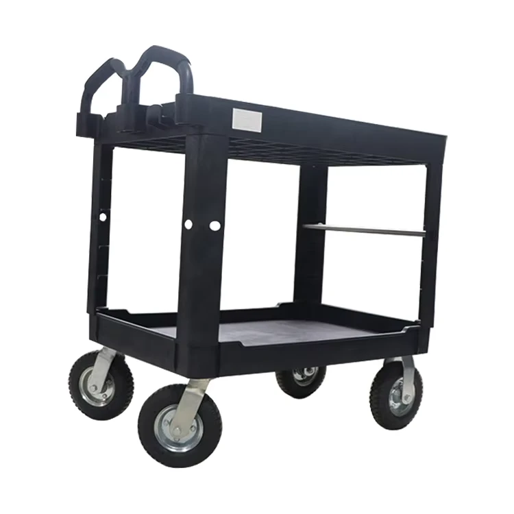 Utility Cart Large Tray Top Plastic Service Cart 2 Shelves Storage Trolley Four-Wheel Industrial Use 550 lb Load Capacity BL