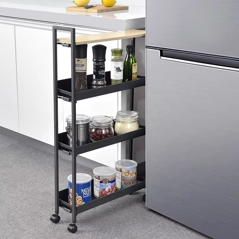 Various Styles 4 Level Slim Slide Kitchen Trolley Carbon Steel Small Fridge Side Kitchen Gap Storage Rack Trolley