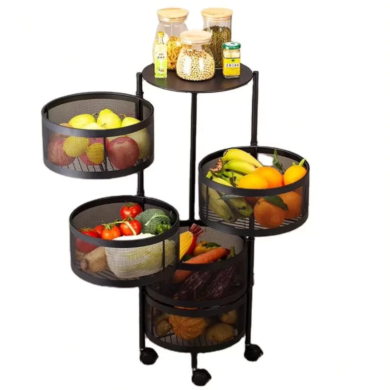 Vertical Rotating Round Multi Layer Movable Kitchen Fruit and Vegetable Basket Trolley Shelf Kitchen Supplies Bathroom Shelf