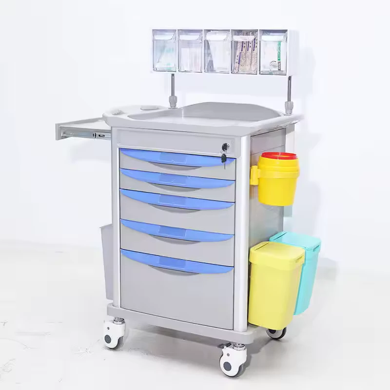 Veterinary Equipment Crash Cart ABS Hospital Medical Emergency Trolley with Locking Drawers IV Pole for Vet Clinic