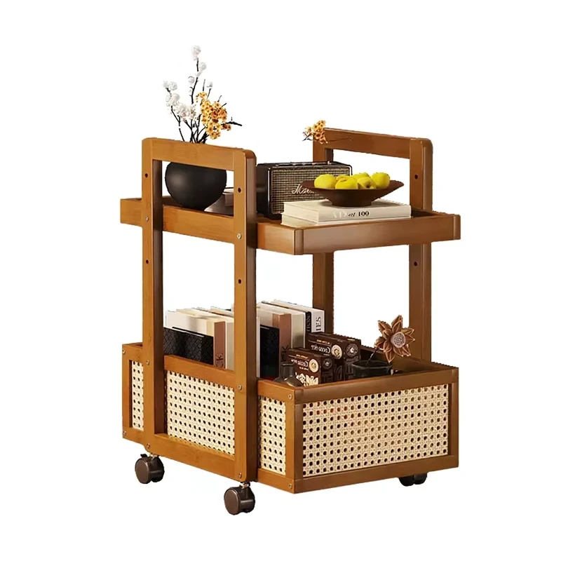 Vintage 2 Tier Bamboo Serving Cart With Rattan Weaving Mobile Kitchen Livingroom Storage Trolley On Wheels Elegant Bar Cart