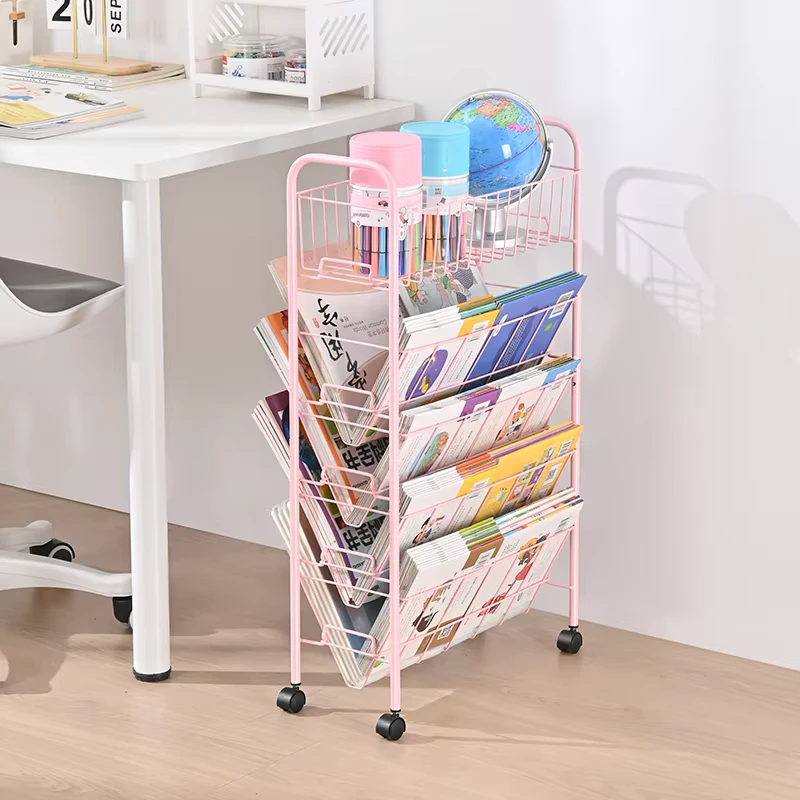 WIREKING 5 Tier Multifunctional Kids Organizer Book Trolley Stationery Book Storage Rack Removable Bookshelf Cart