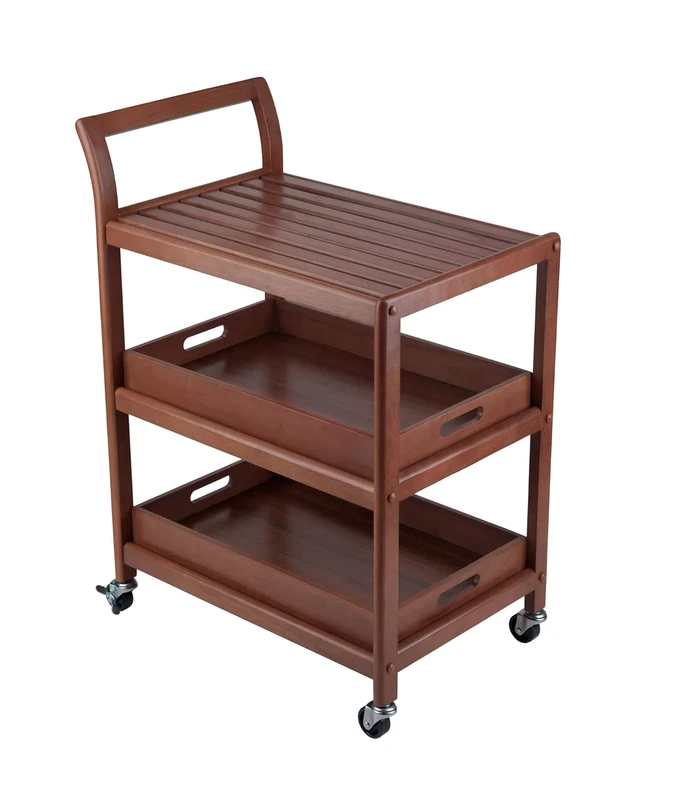 Walnut 3 Shelf Wood Mobile Serving Cart Trolley with Two Removable Serving Tray and Lockable Wheels for Kitchen & Hotel
