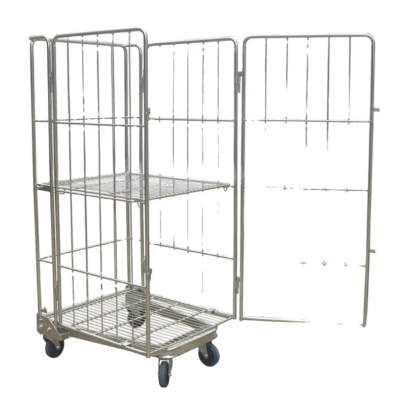 Warehouse 500kg Galvanized Roll Container Steel Tube Foldable 4 Sides Nestable Rolltainer