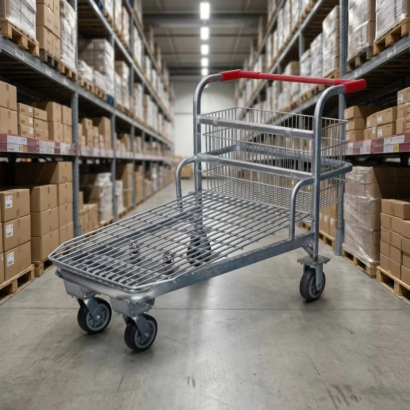 Warehouse Aluminum Alloy Surface Heavy Duty Mesh Structure Steel Flat Trolley with 5′ PU Wheels for Outdoor Use
