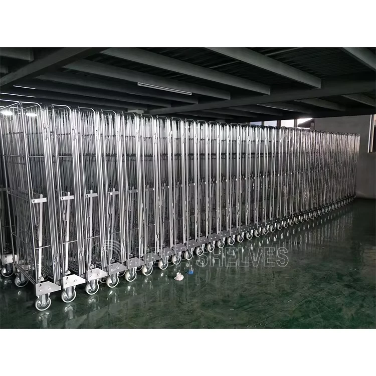Warehouse Folding Rolling Metal Container Storage Cage With Wheels