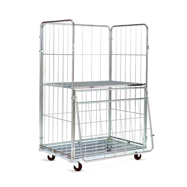 Warehouse Galvanized Industrial Four Wheel Stainless Steel Foldable 4 Sided Roll Container Storage Trolley Cart 350kg Load
