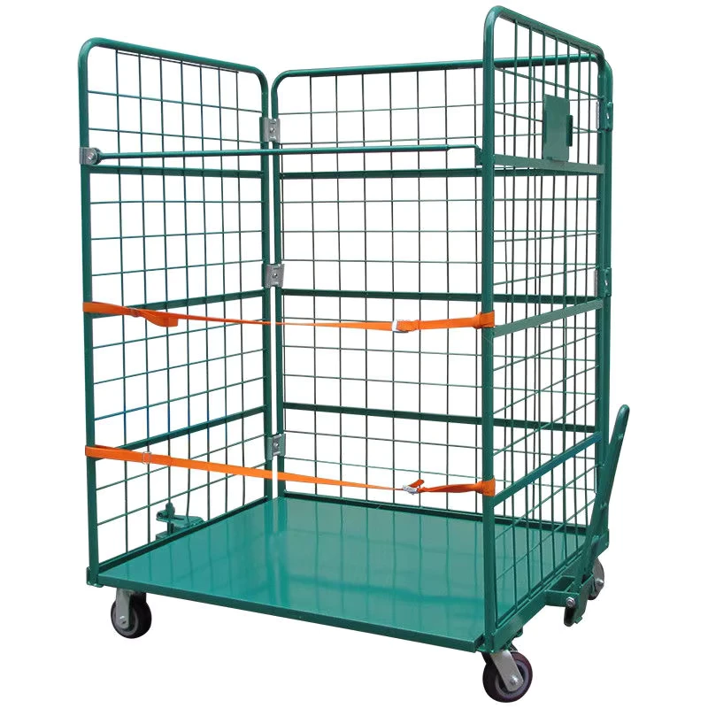 Warehouse Heavy Duty Storage Four Wheel Transport Three Sided Steel Tube Wire Mesh Foldable Roll Cage Trolley