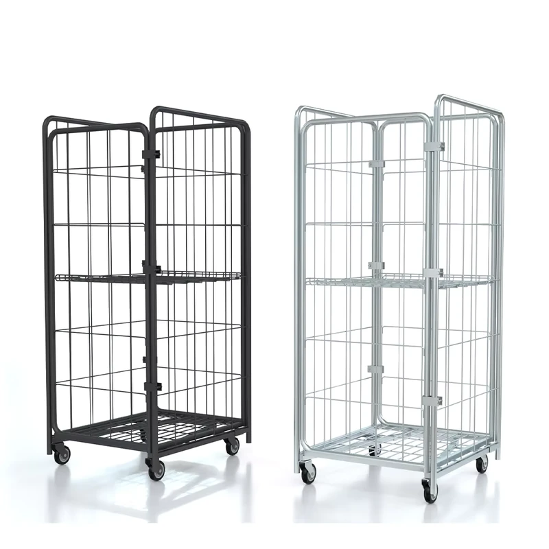 Warehouse Logistics Heavy Duty Cargo Wire Mesh Collapsible Foldable Nestable 4 Sides Storage Cage Trolley Cart Roll Container