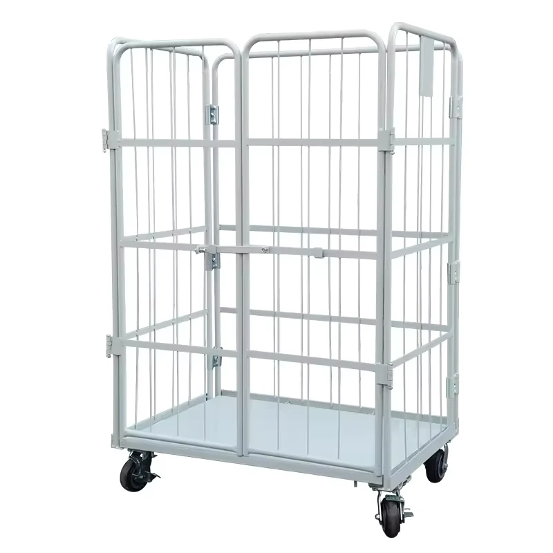 Warehouse Logistics Heavy Duty Cargo Wire Mesh Collapsible Foldable Nestable 4 Sides Storage Cage Trolley Cart Roll Container
