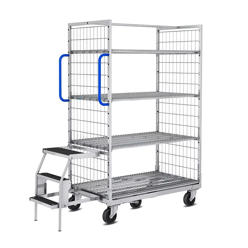 Warehouse Picking Trolley Steel Mesh Multi tier Cage Trolley with Fitted Fold Away Steps