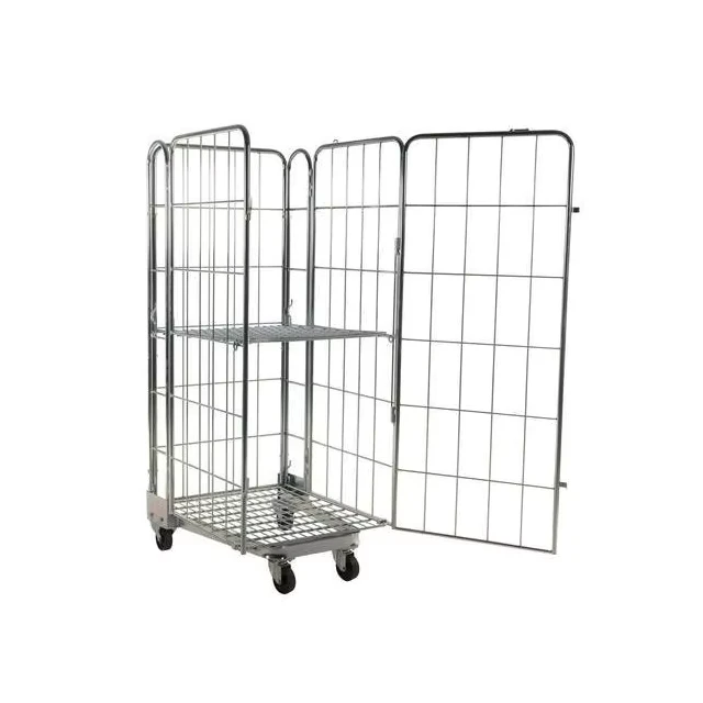Warehouse Safety Supermarket Cargo Storage Steel Zinc Wire Mesh Rolling Cage Pallet Trolley