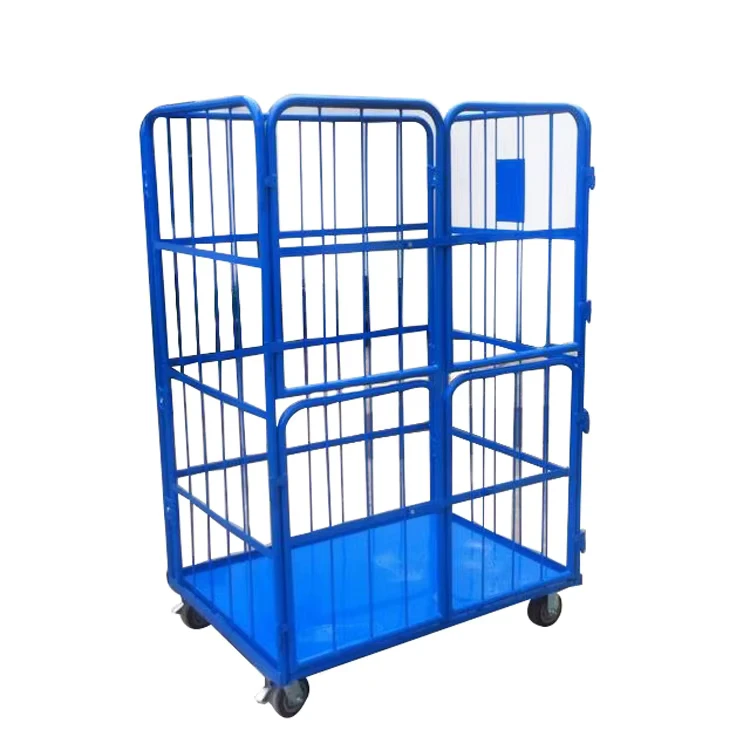 Warehouse Storage Collapsible Four Wheels Assembly Folding 4 Sides Powder Coated Dolly Roll Cage Steel Hand Logistics Trolley