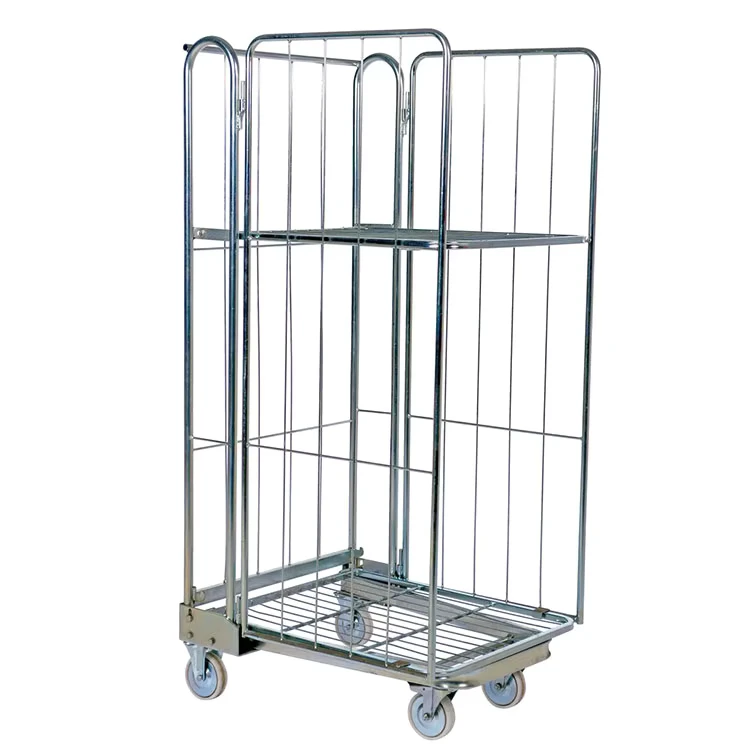 Warehouse Storage Transport Three side Folding Wire Mesh Roll Container Rolling Cart Cage Trolley