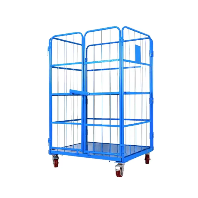 Warehouse Supermarket Industrial Steel Wire Mesh Roll Cage Trolley with 500kg Capacity Powder Coated Logistics Container