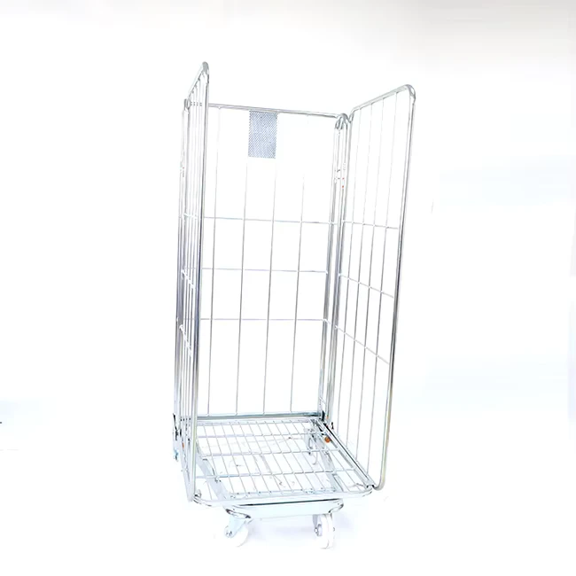 Welded Nesting Folding Transport Steel Metal Collapsible 3 Sided Roll Container Wire Mesh Trolley Cart OEM
