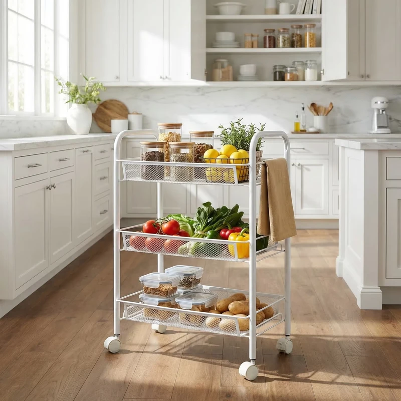 White Rolling Utility Cart 3 Shelf Mesh Trolley Lockable Wheel Kitchen Cart 3 Tier Pantry Organizer Fruit Vegetable Storage