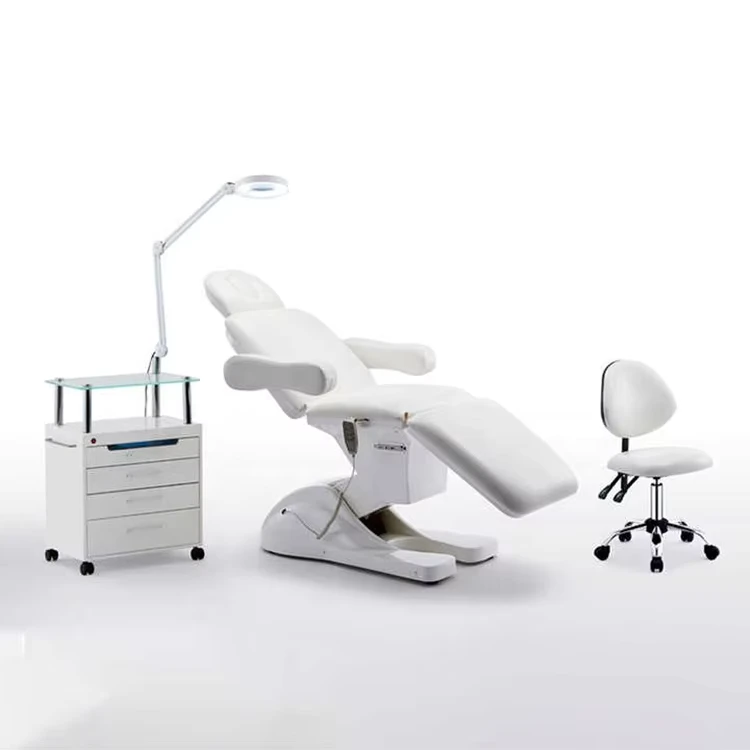 White Salon Furniture Massage Table 3/4 Motors Electric Facial Physical Therapy Bed with Stool and Salon Trolley