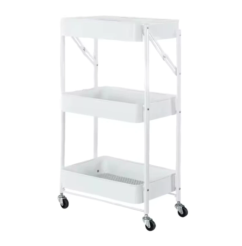 White and Black Foldable Metal Movable Storage Trolley with Wheels for Home Salon Use in Bathroom and Kitchen