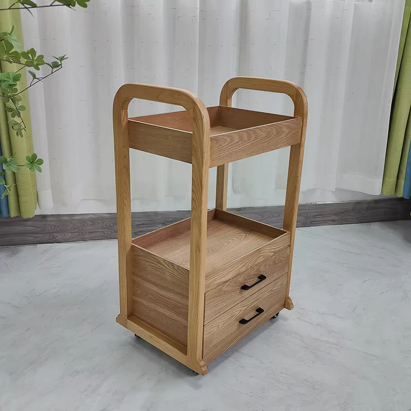 Wood Beauty Salon & Hair Salon Double Layer Contemporary 4 Wheel Trolley Medical Equipment Storage Shelf Tool Car
