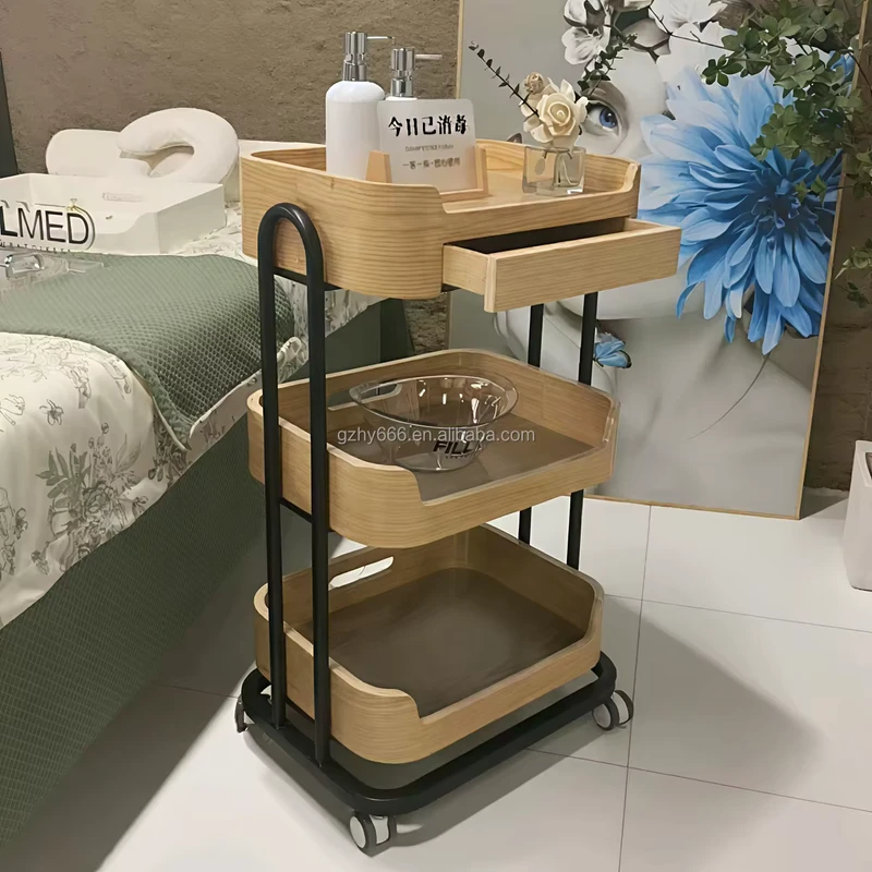 Wood Salon Rolling Storage Cart Multifunction Trolley Shelves Tools Magazines Books Modern Design for Living Room Bathroom