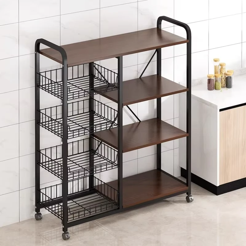 Wooden Movable Kitchen Storage Rack Trolley Cart with Wheels