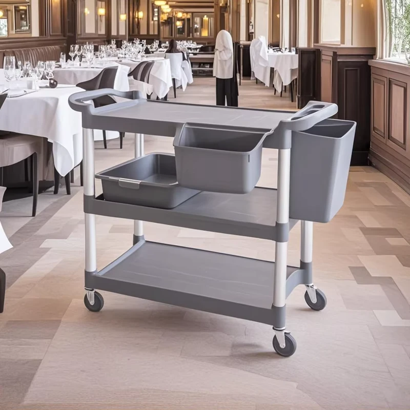 Xiangsheng 3 Layer Grey Plastic Kitchen Trolley Cart Stainless Steel Standing Type for Cleaning and Tableware